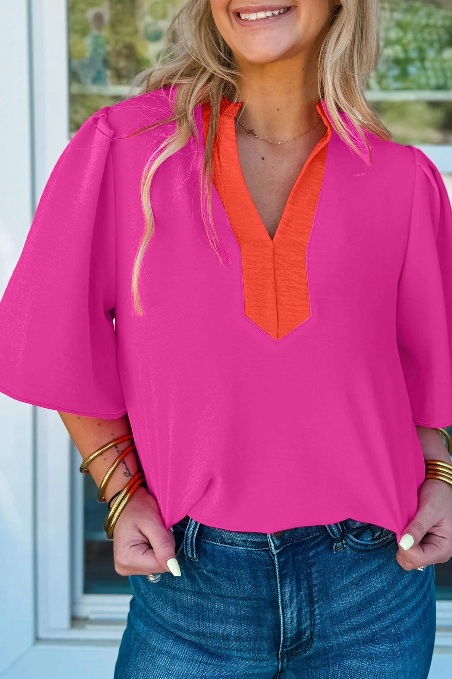 Colorblock V-Neck Top with Wide Short Sleeves