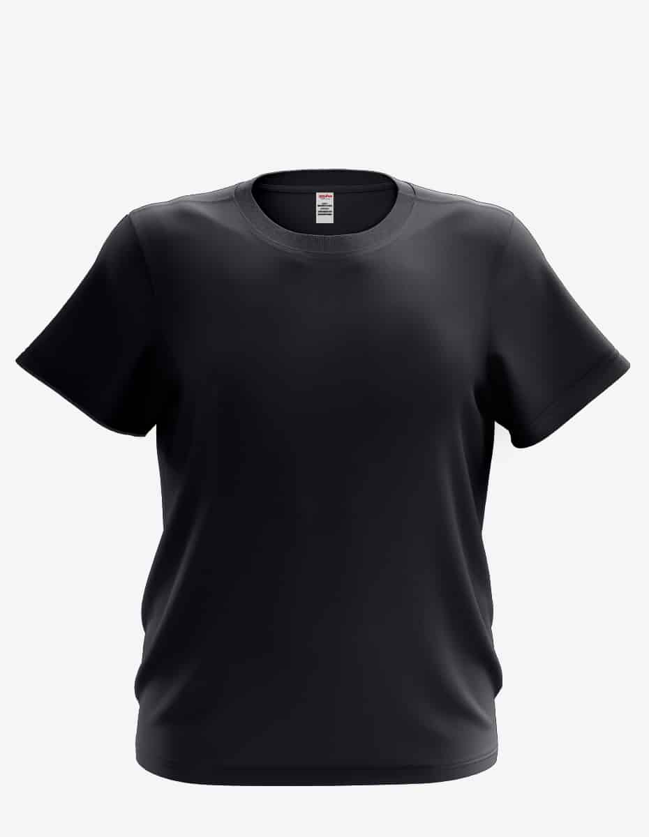 A plain, solid color short-sleeved crew neck t-shirt for children, shown in black and blue.