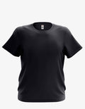 A plain, solid color short-sleeved crew neck t-shirt for children, shown in black and blue.