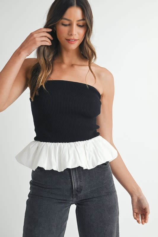 Ribbed Knit Bubble Peplum Tube Top in Black