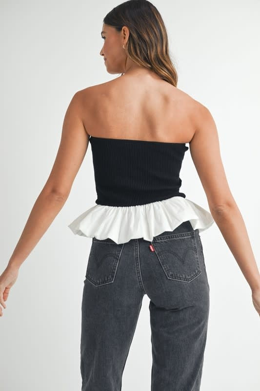 Ribbed Knit Bubble Peplum Tube Top in Black