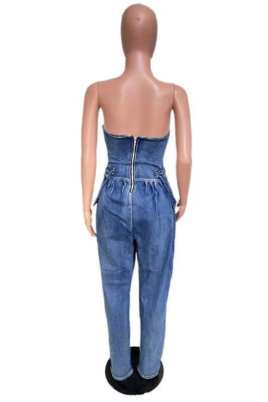Women's Strapless Denim Jumpsuit with Zipper