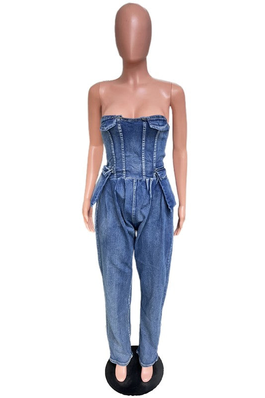 Women's Strapless Denim Jumpsuit with Zipper