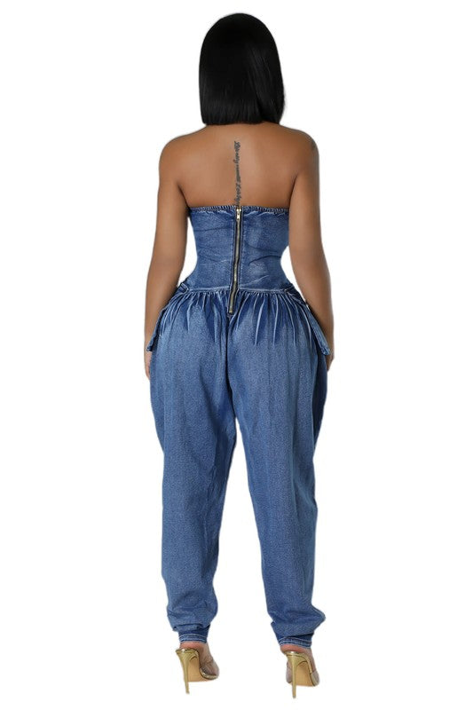 Women's Strapless Denim Jumpsuit with Zipper