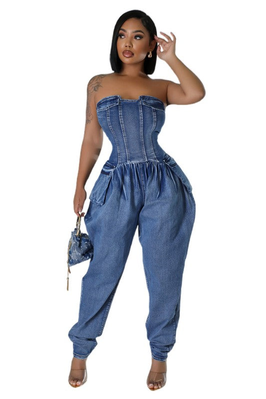 Women's Strapless Denim Jumpsuit with Zipper