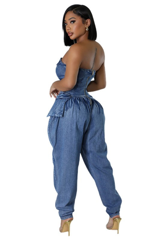 Women's Strapless Denim Jumpsuit with Zipper