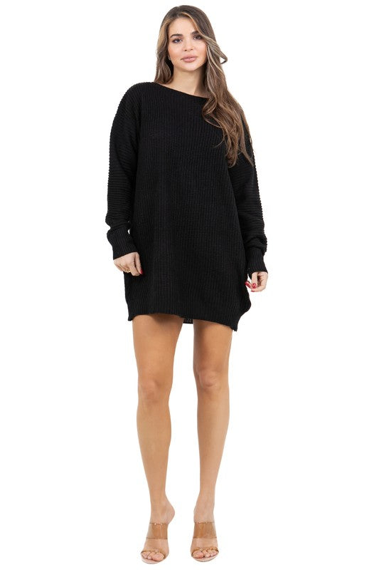 Woman wearing a comfortable and stylish long sleeve knit sweater dress