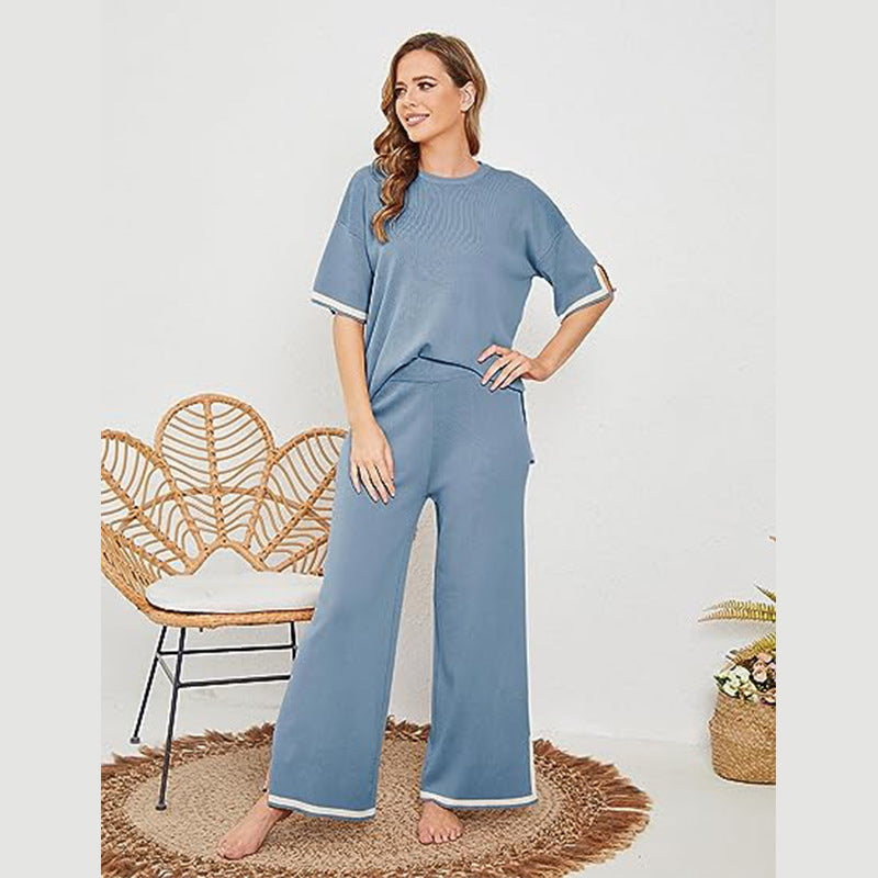 Women's Knit Three-Quarter Sleeve Pullover and Wide Leg Pants Set