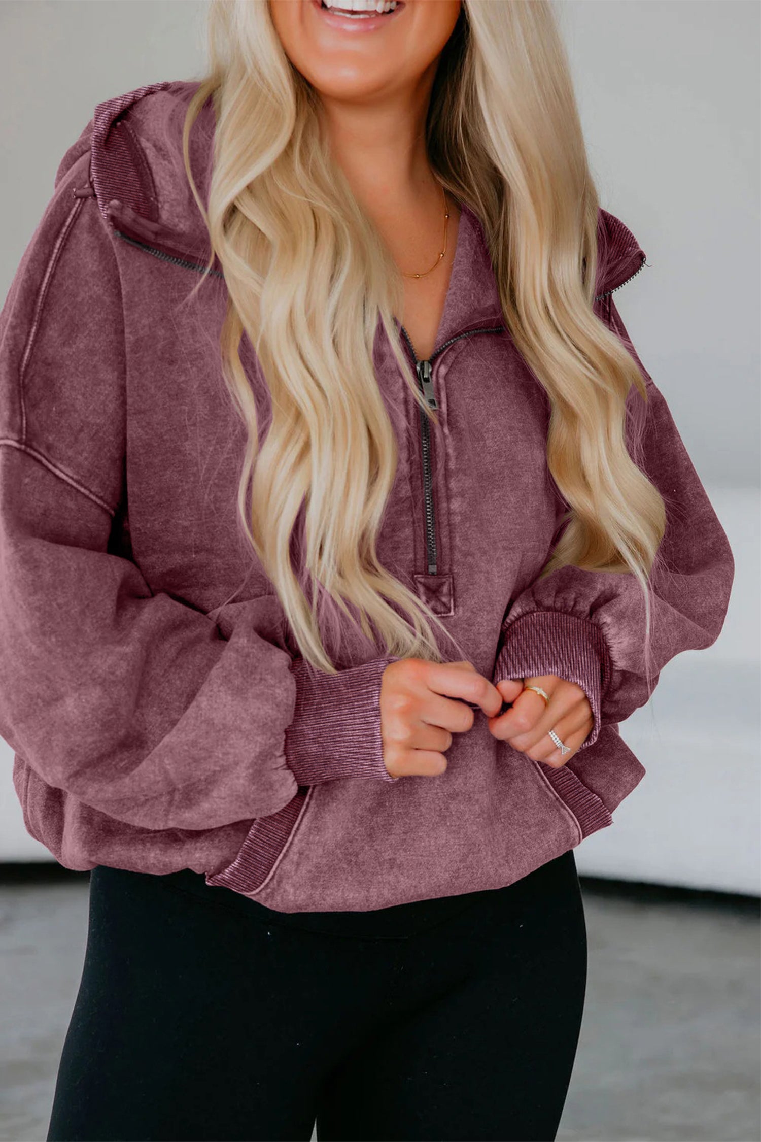 Black Half Zip Kangaroo Pocket Mineral Wash Baggy Hoodie