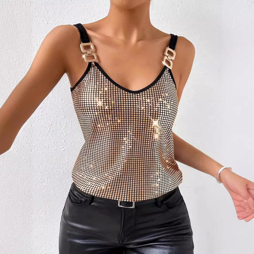 Women's Gold Sequined Chain Strap V-Neck Camisole Tank Top - Image 3