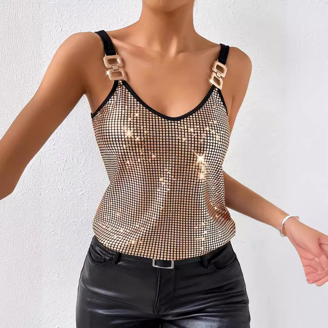 Women's Gold Sequined Chain Strap V-Neck Camisole Tank Top - Image 3