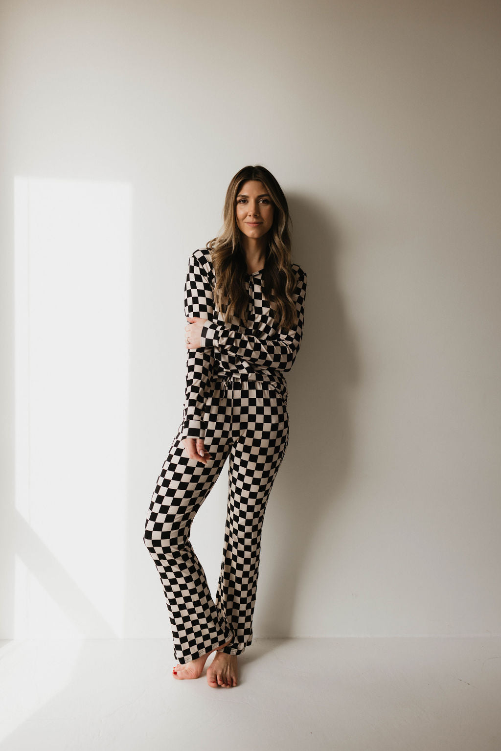 Women's Long Sleeve Black Checkerboard Bamboo Pajama Set