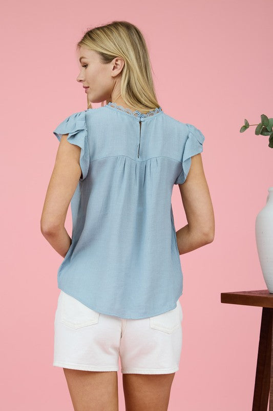 Light Teal Lace Panel Short Ruffle Sleeve Blouse with Keyhole Back