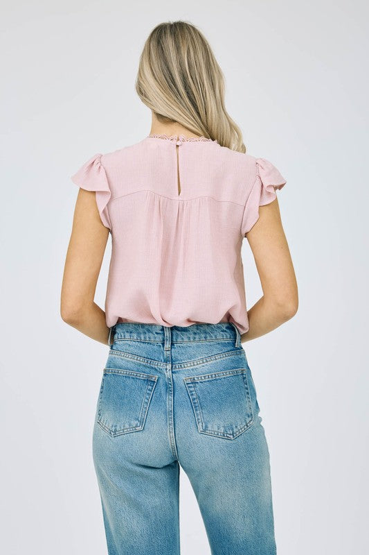 Lace Panel Ruffle Sleeve Blouse with Scallop Trim