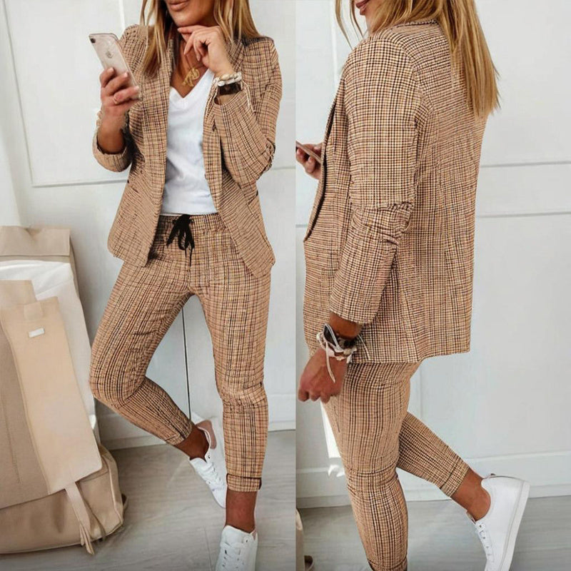 Women's Plaid Two-Piece Suit Set with Blazer and Drawstring Pants