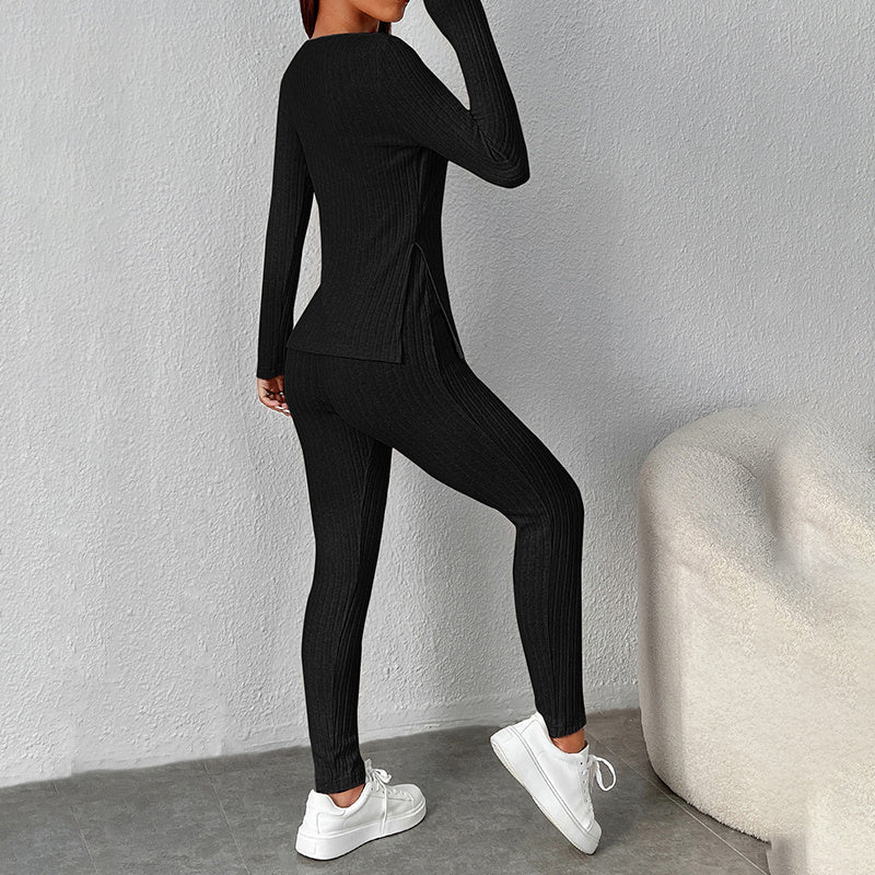 Women's Ribbed Knit Long-Sleeve Tee and Pants Lounge Set - Image 2