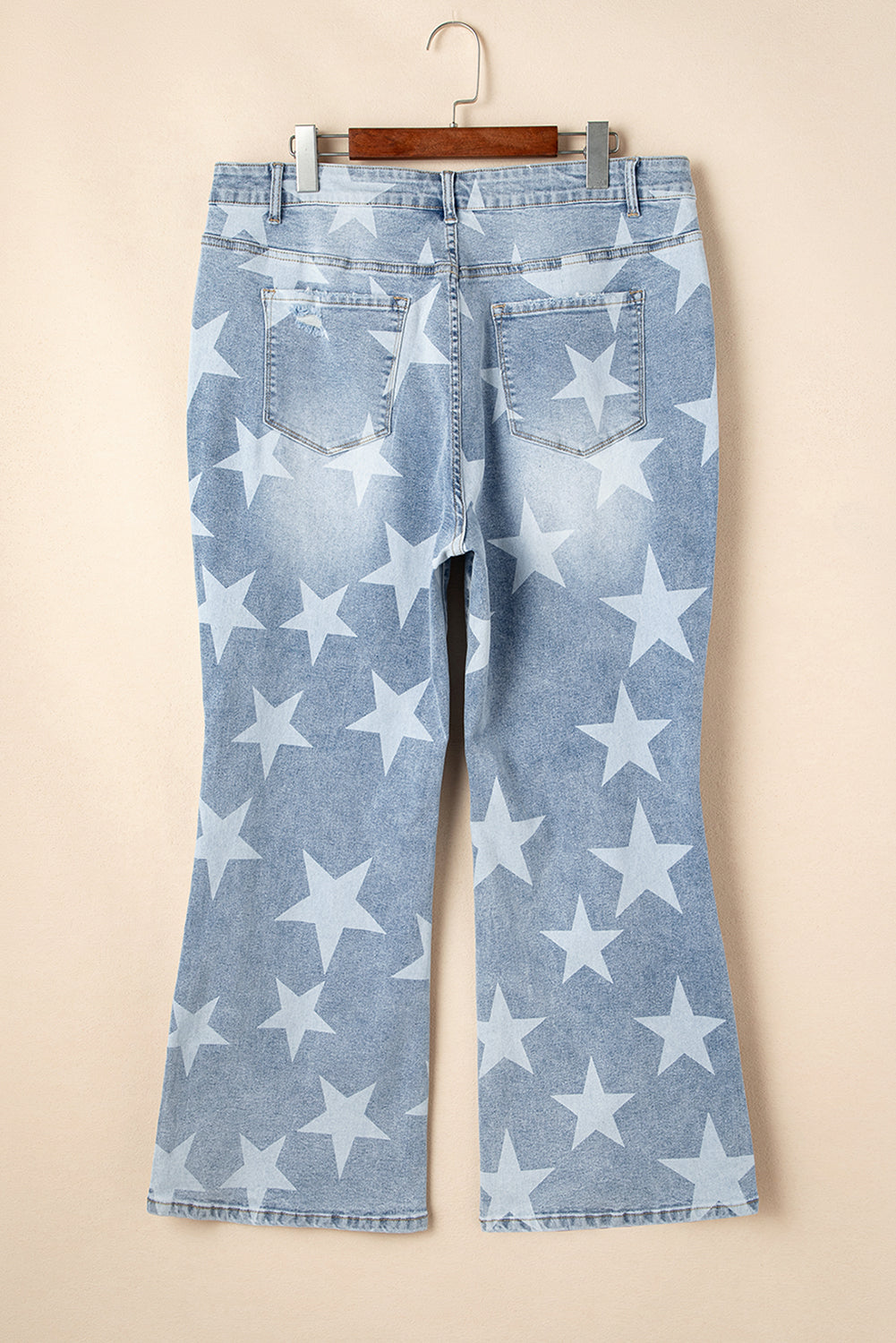 Sky Blue Star Print Destroyed Jeans with Multi-Button Slit Knee