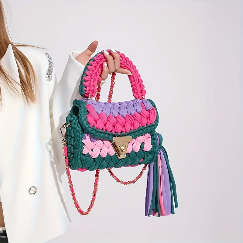 Boho Crochet Tassel Crossbody Chic Mini Color block Bag