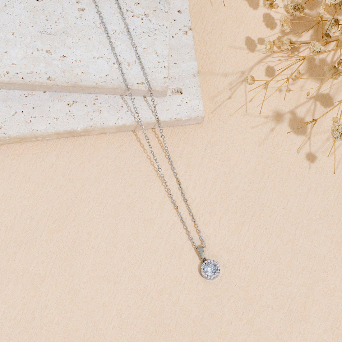 Stainless Steel Pendant Necklace with Dazzling Zircon Inlay