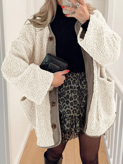 Women's Cozy Sherpa Fleece Button Up Jacket with Functional Pockets