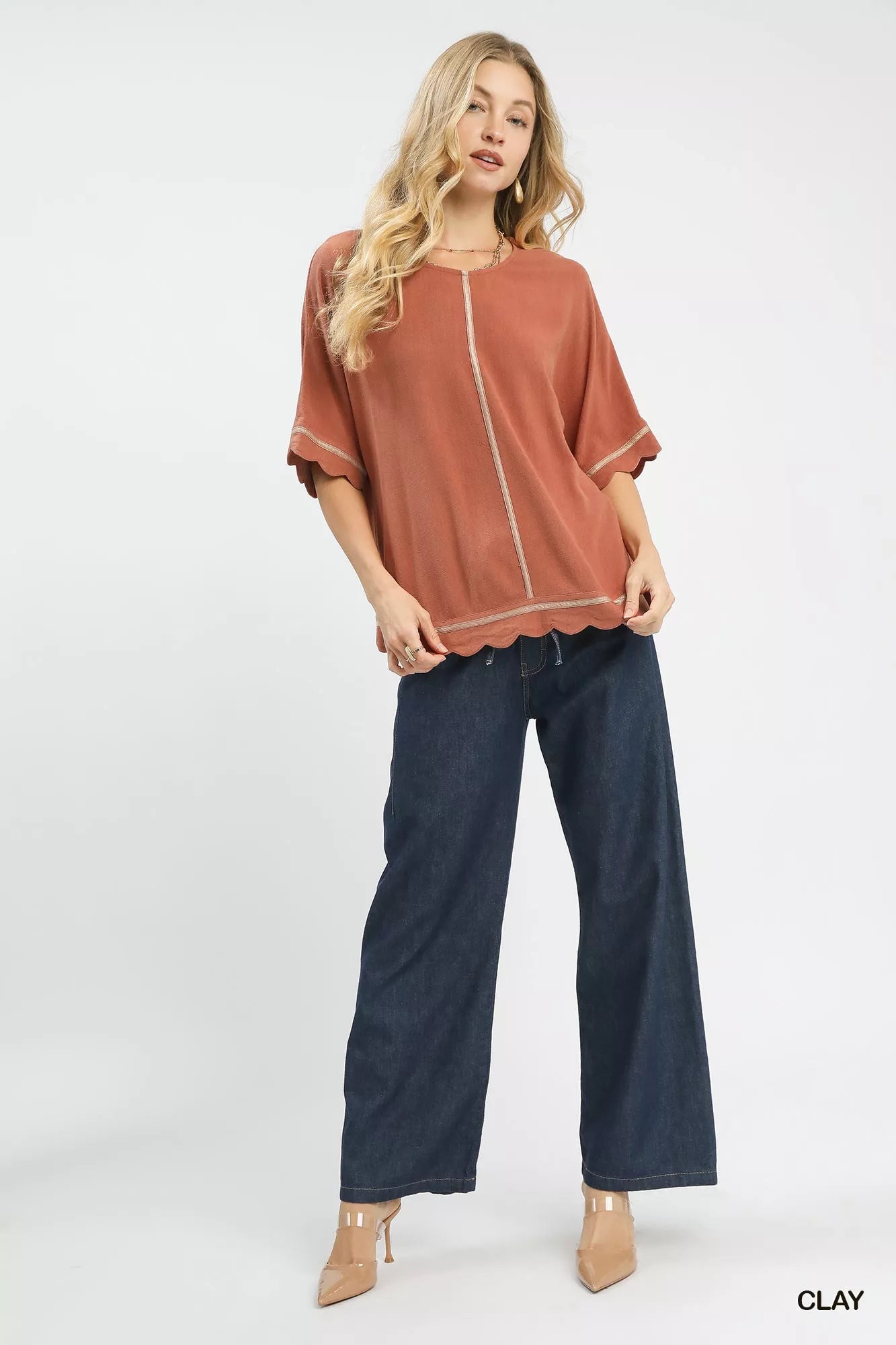 Clay Linen Blend Scallop Trim Top