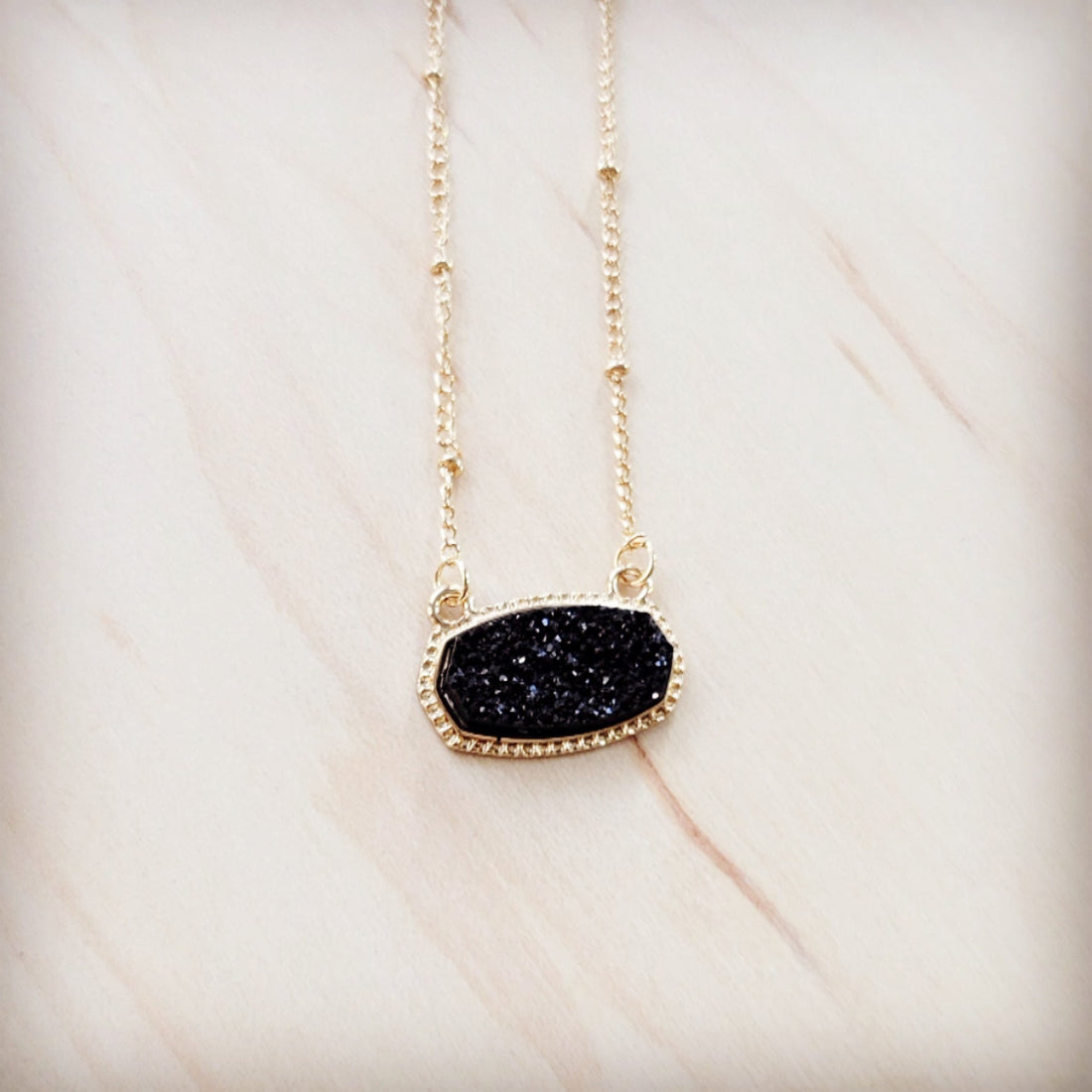Gold-Tone Chain Necklace with Black Druzy Stone Pendant - Image 2