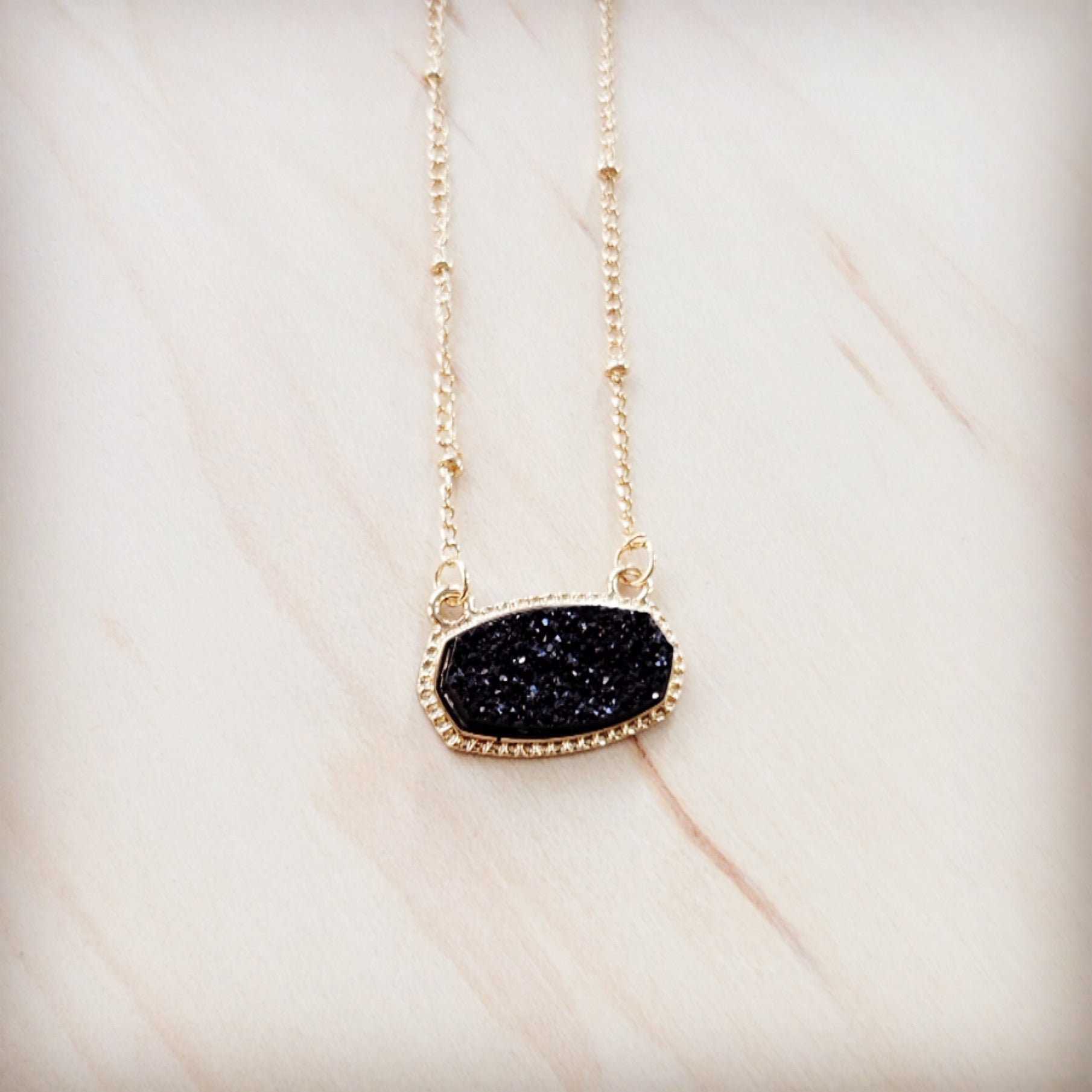 Gold-Tone Chain Necklace with Black Druzy Stone Pendant - Image 2
