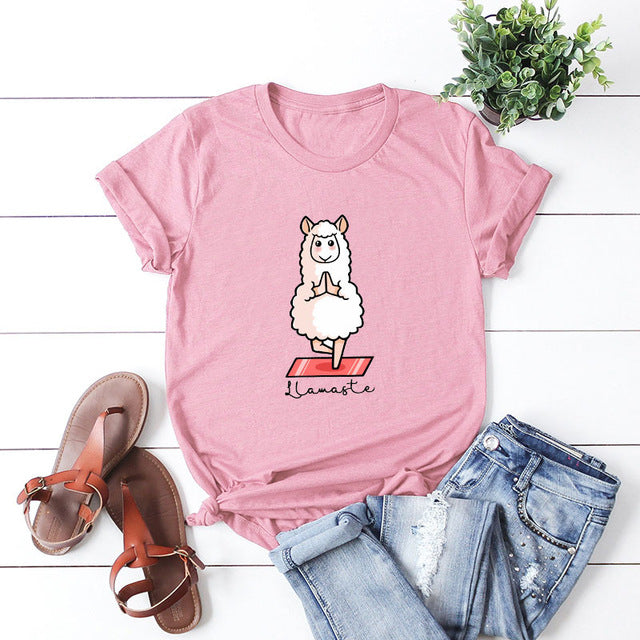 Women's Cotton Graphic T-Shirt - 'Llamaste' Sheep Print Tee - Image 10