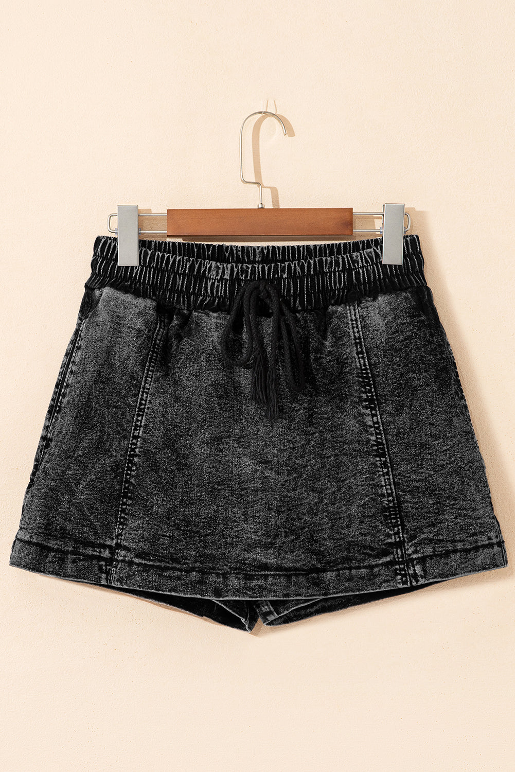 Black Drawstring High Waist Pocketed Denim Shorts