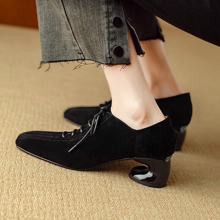 Women's Brown Suede Square Toe Lace-Up Mid Chunky Heel Pumps - Image 3