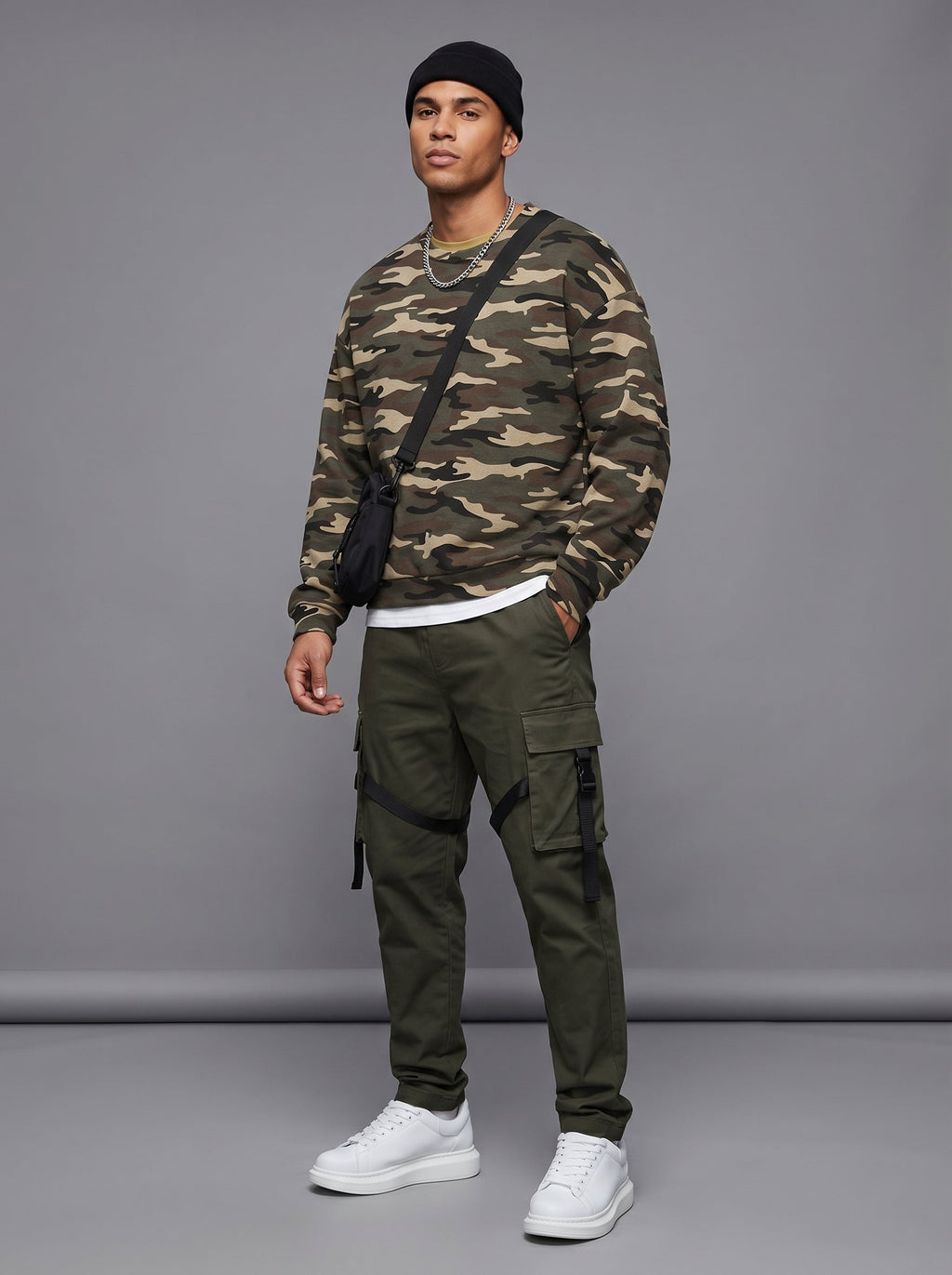 Camo Print Oversized Crewneck Sweatshirt in Olive Green