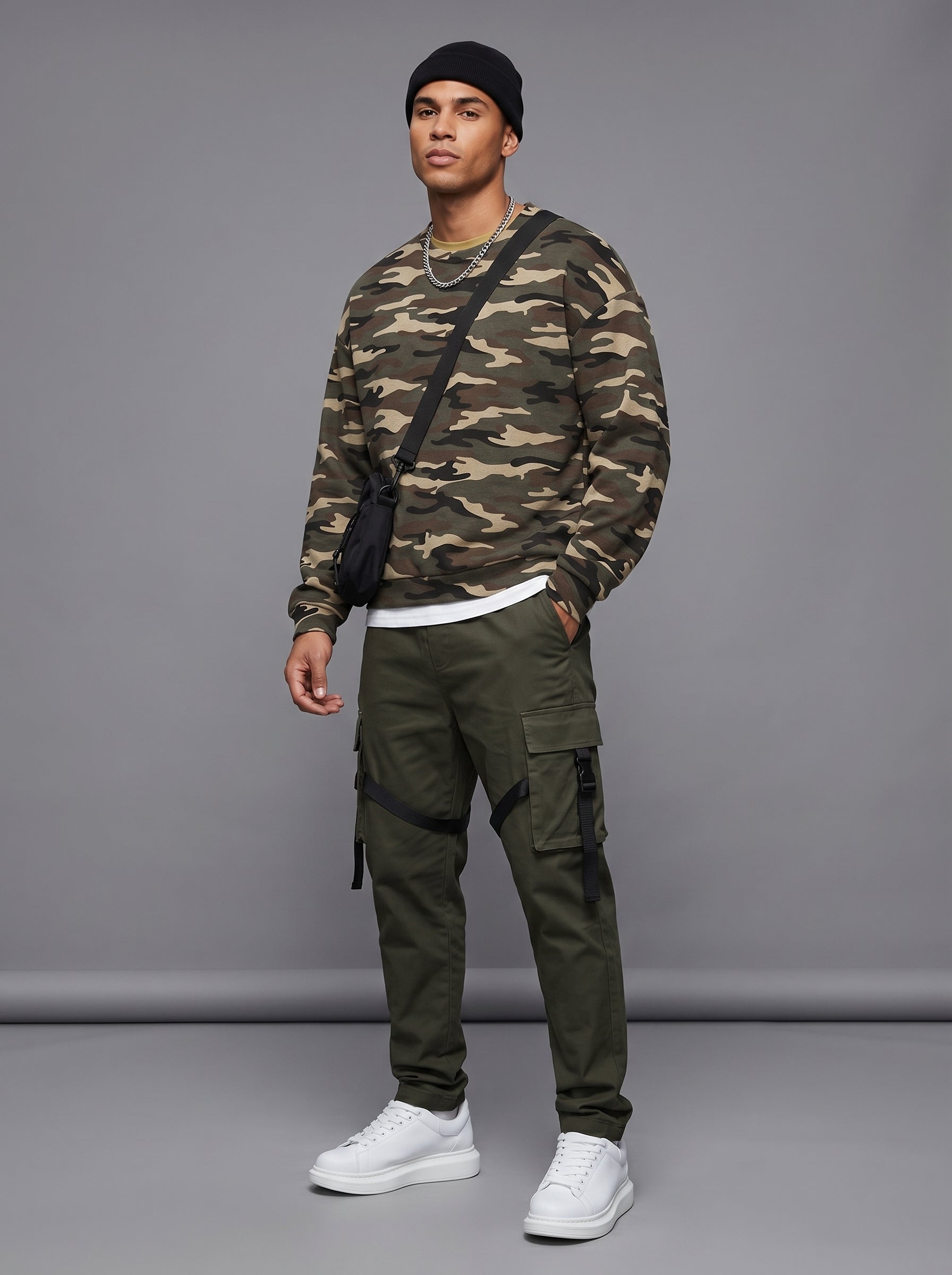 Camo Print Oversized Crewneck Sweatshirt in Olive Green