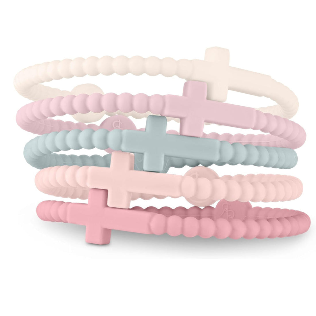 Set of minimalist matte finish cross bracelets in white, pale pink, pale blue, and soft pink.