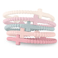 Set of minimalist matte finish cross bracelets in white, pale pink, pale blue, and soft pink.