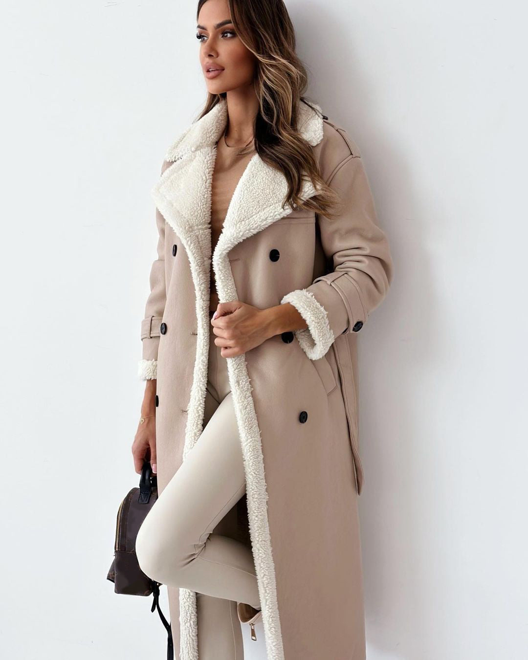 Women’s Double-Breasted Faux Leather Trench Coat with Sherpa Lining - Image 4