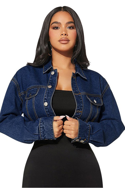 Model wearing a stylish blue cropped denim jacket with button-down closure and collar