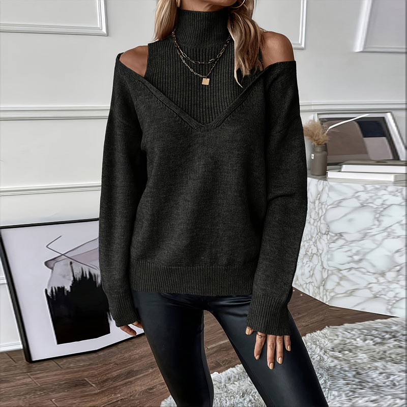 Women's Off-Shoulder Turtleneck Long Sleeve Knit Sweater - Image 9