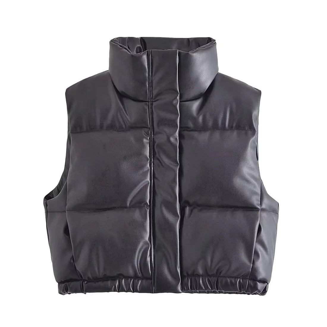 Women's Cropped PU Leather Puffer Vest with Stand-Up Collar - Image 7