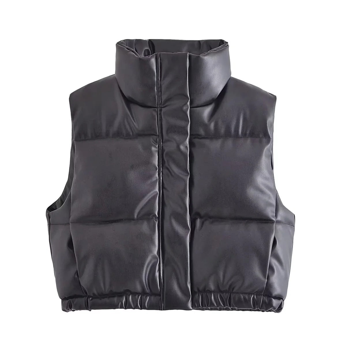 Women's Cropped PU Leather Puffer Vest with Stand-Up Collar - Image 7