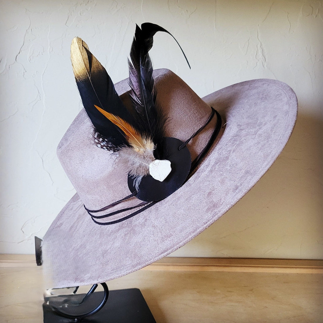 Taupe Boho Western Felt Hat with Feather Accent Band - Image 2