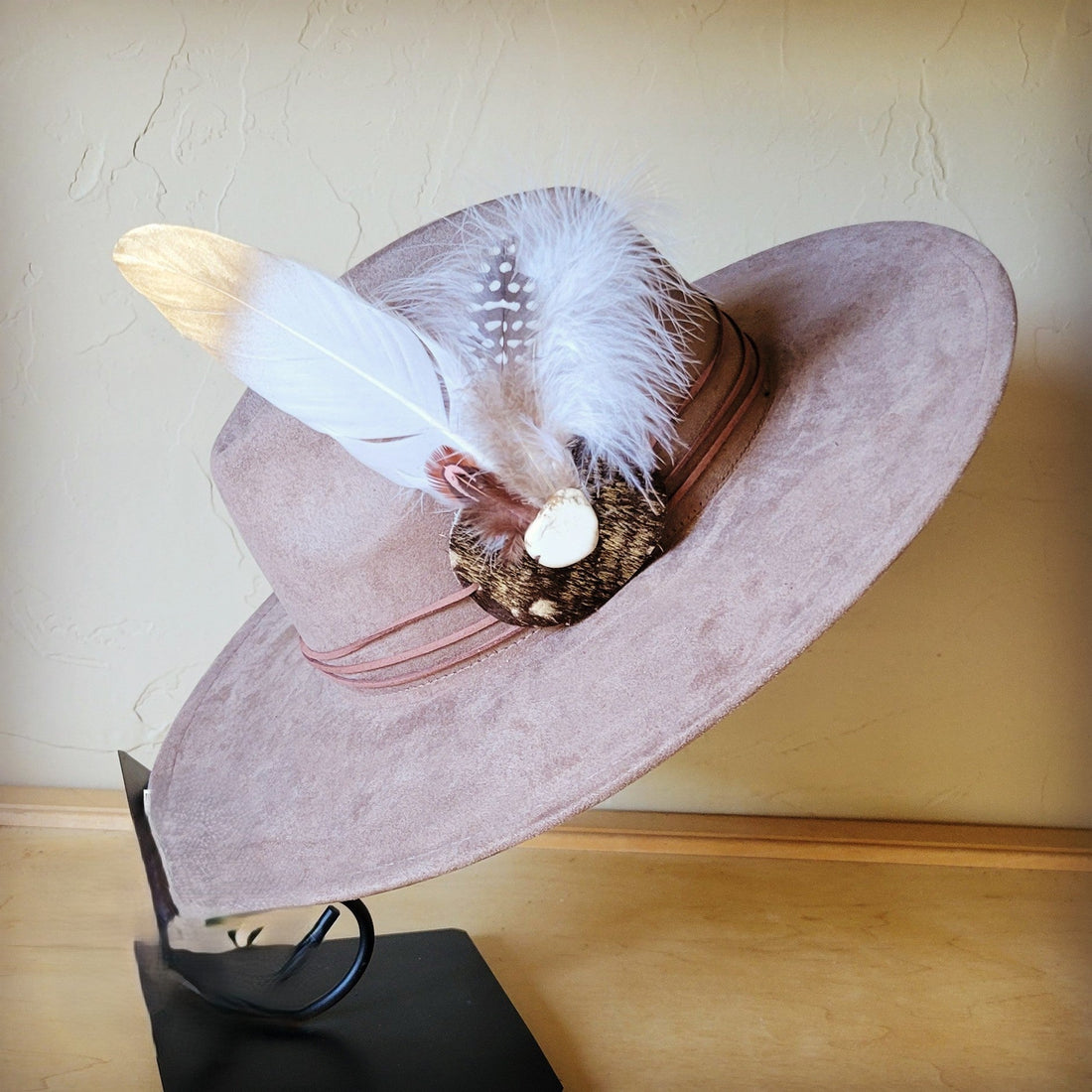 Taupe Boho Western Felt Hat with Feather Accent Band - Image 3
