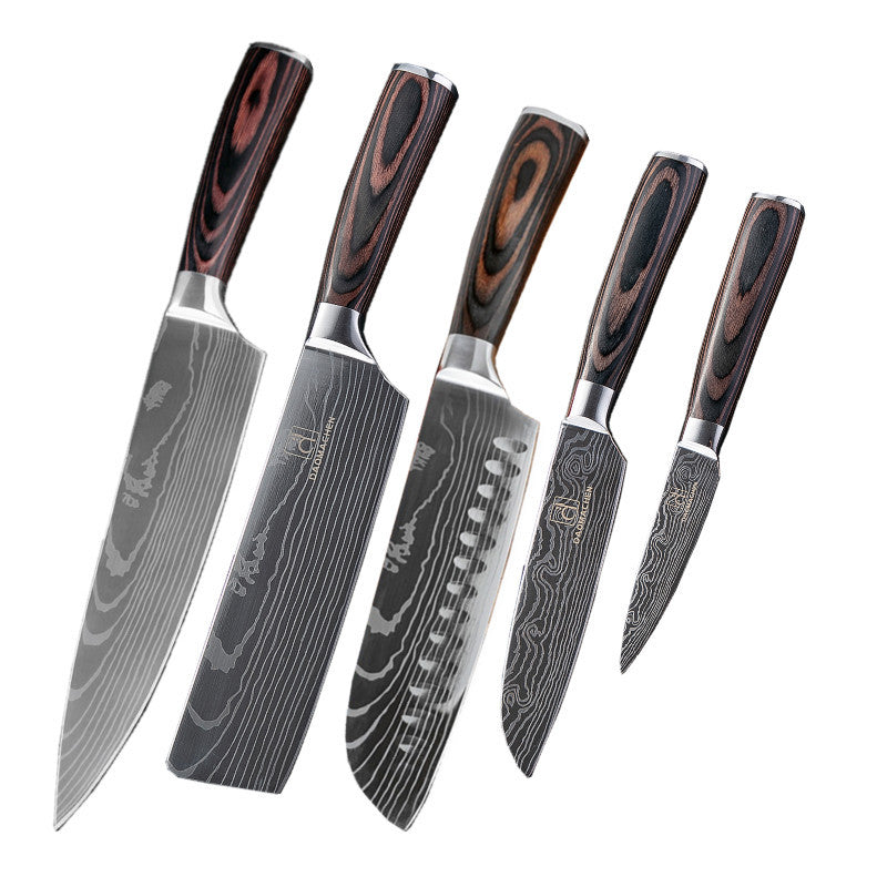 Modern Damascus style knife set featuring silver blades and black and brown handles