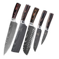 Modern Damascus style knife set featuring silver blades and black and brown handles