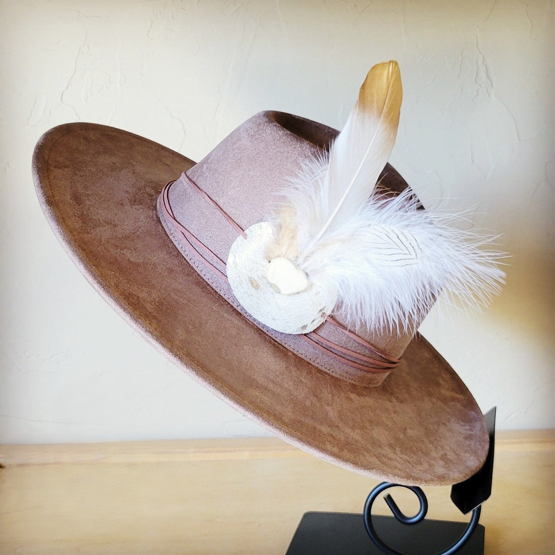 Taupe Boho Western Felt Hat with Feather Accent Band - Image 4