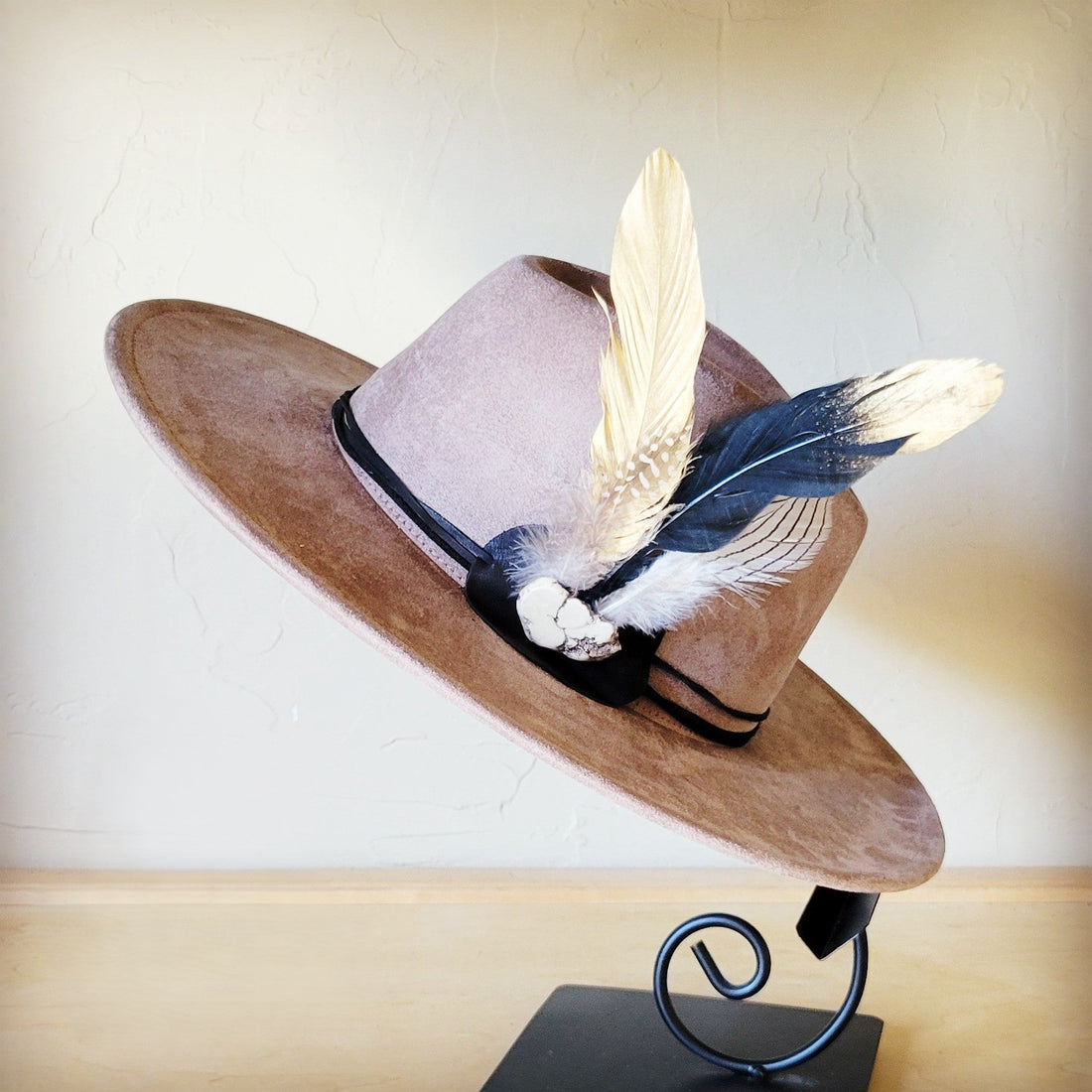 Taupe Boho Western Felt Hat with Feather Accent Band - Image 5