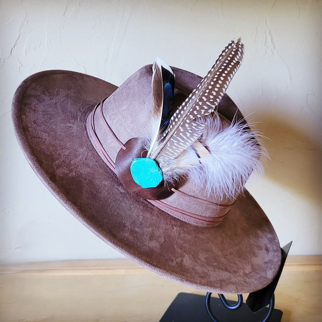 Taupe Boho Western Felt Hat with Feather Accent Band - Image 6