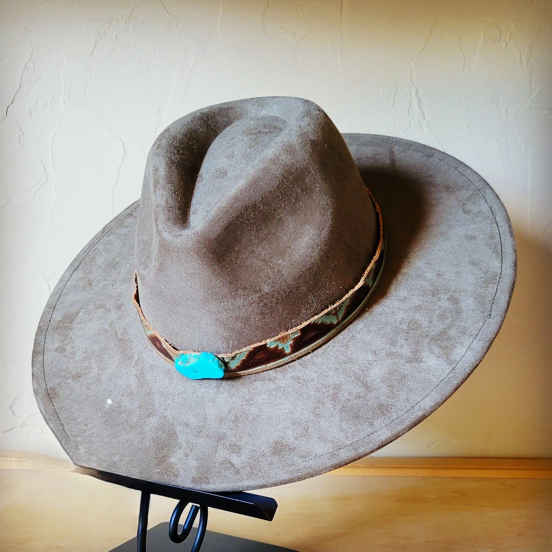 Turquoise Navajo Turq Slab Leather Band + Choice of Boho Hat 985q