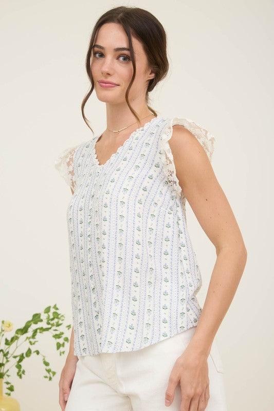 Stripe Floral V Neck Blouse with Lace Trim and Ruffle Sleeves