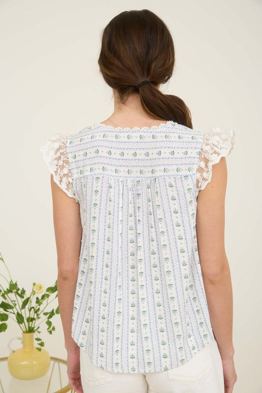 Stripe Floral V Neck Blouse with Lace Trim and Ruffle Sleeves