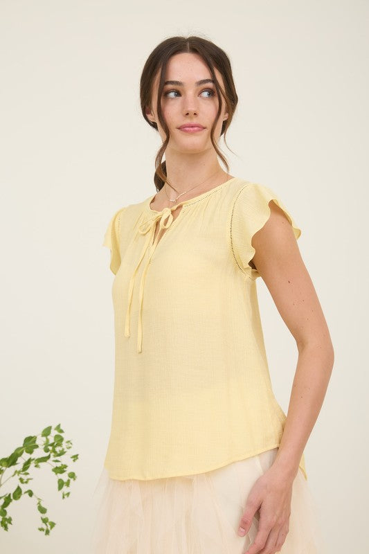 Light Yellow Ladder Lace Trim Front Tie Ruffle Sleeve Blouse